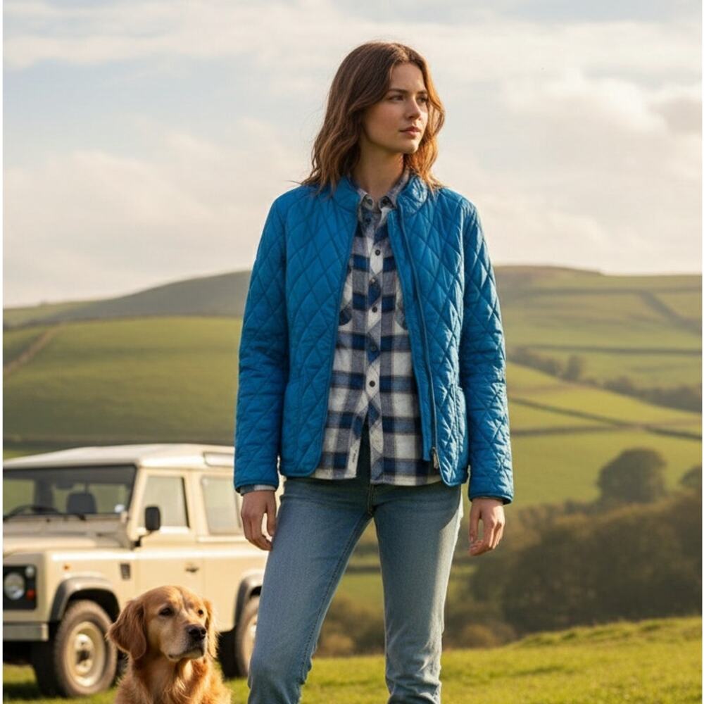 LL BEAN SIGNATURE teal blue diamond quilted jacket sz 4 cotton plaid lining EUC